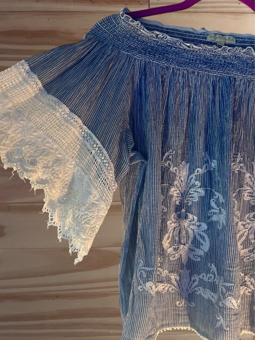 Rubyyaya size S blue off the shoulder top with lace trim at the
Elbows. - Picture 3 of 8